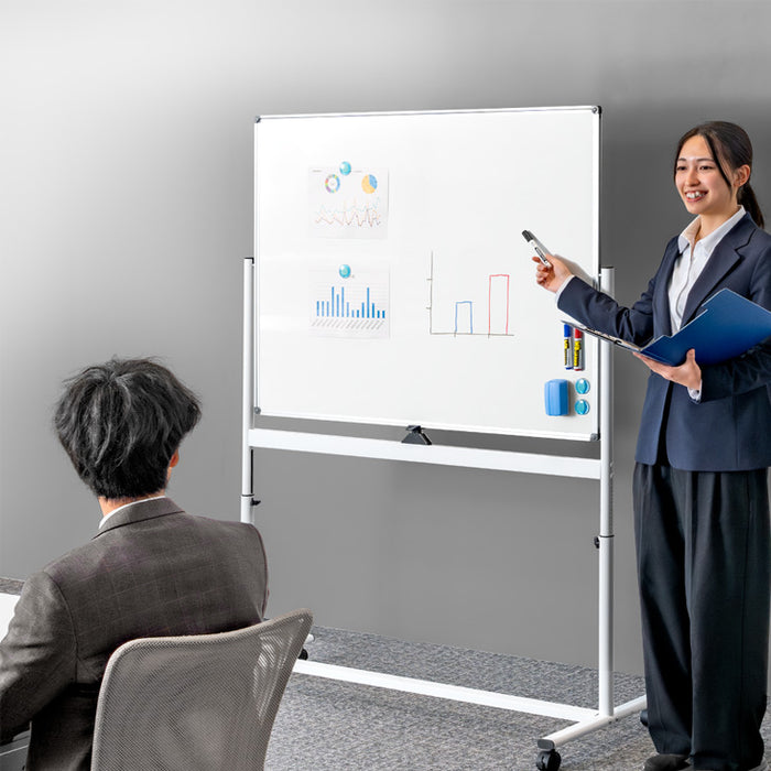 法人様限定 ホワイトボード 120×90 高さ調整可能 回転式 壁面取付 マグネット対応 〔64500010〕