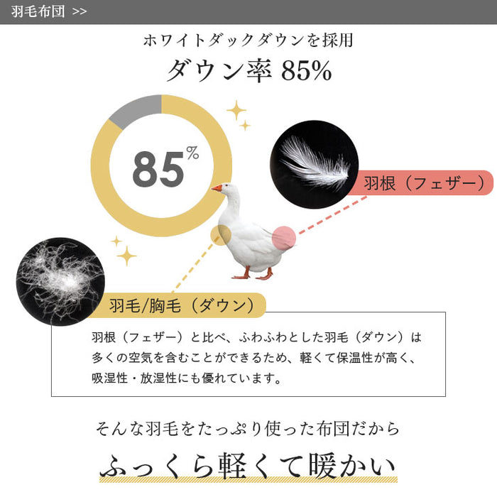 日本製 羽毛布団4点セット シングル ホワイトダックダウン 85％ CILレッドラベル 固綿入り 枕 枕カバー 掛け布団 敷き布団 3年保証 〔10106460〕