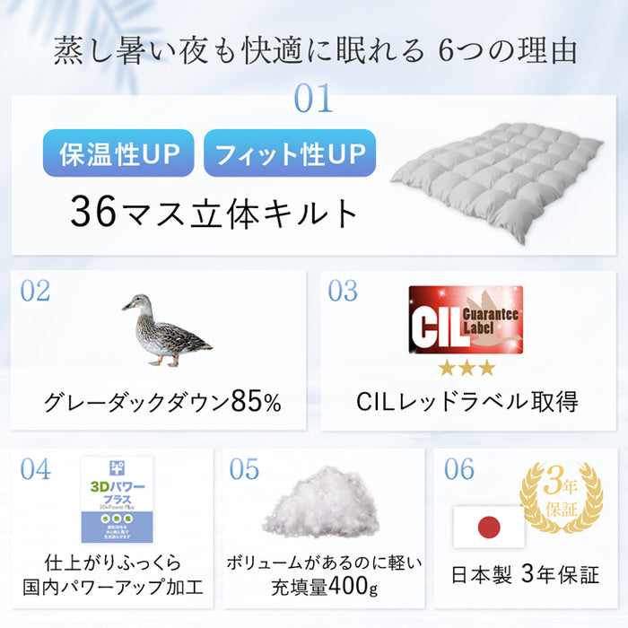 [ダブルロング] 洗える 肌掛け布団 羽毛 日本製 ダックダウン85％ 30マス立体キルト ダウンケット 夏 夏用 布団〔10119212〕