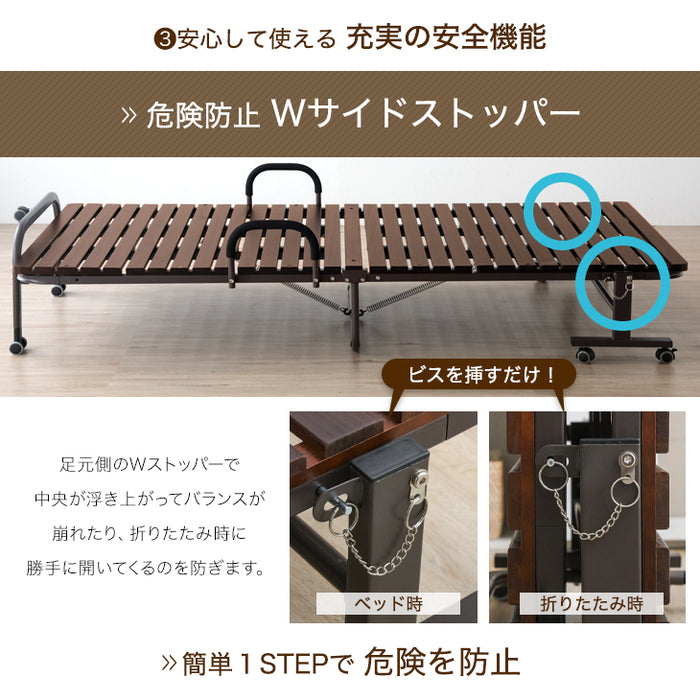 [シングル] 天然桐すのこベッド ハイタイプ 折り畳み式  キャスター付き 折りたたみベッド すのこ〔17610052〕