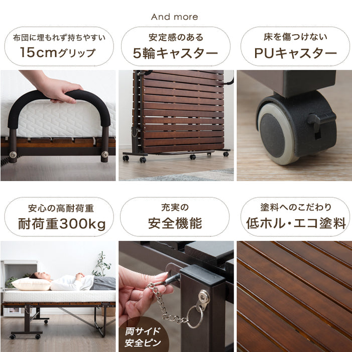 [シングル] 天然桐すのこベッド ハイタイプ 折り畳み式  キャスター付き 折りたたみベッド すのこ〔17610052〕