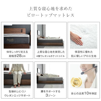 ［クイーン］極厚28cm ポケットコイルマットレス ピロートップ アロエ加工生地 3ゾーン構造 10年保証 圧縮 梱包〔17800174〕