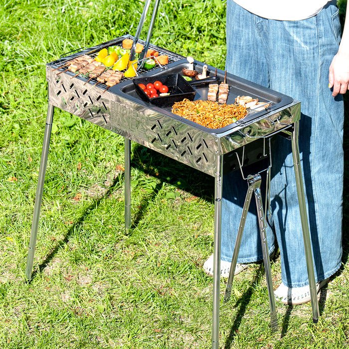高さ3段調節 バーベキューコンロ セット 鉄板 網 トング付 バーベキュー用品 BBQコンロ ステンレス 大型 軽量 〔45800001〕