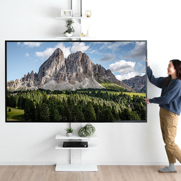[最大90インチ対応] 突っ張り式 テレビスタンド  収納棚付き 壁掛け風 〔45400068〕
