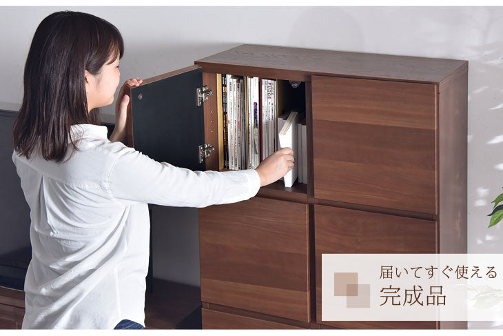幅73cm キャビネット 木製 本棚 日本製 大川家具 収納 完成品 キッチン 2列4段 可動棚  扉付き棚 【超大型商品】〔24900023〕