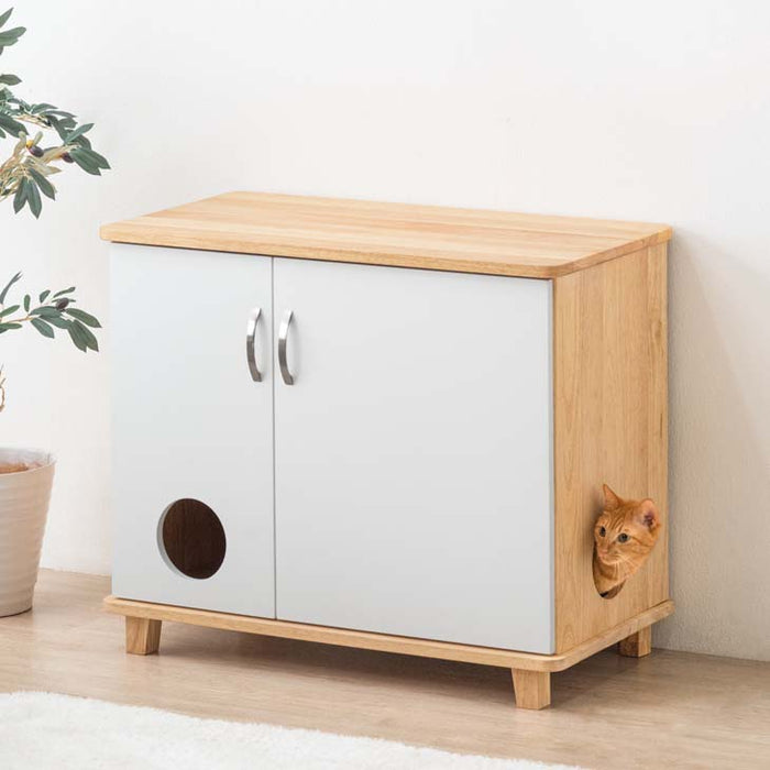 猫が遊べる！ワイドキャビネット 猫用トイレ収納 木製 棚  猫砂飛散防止〔33010147〕