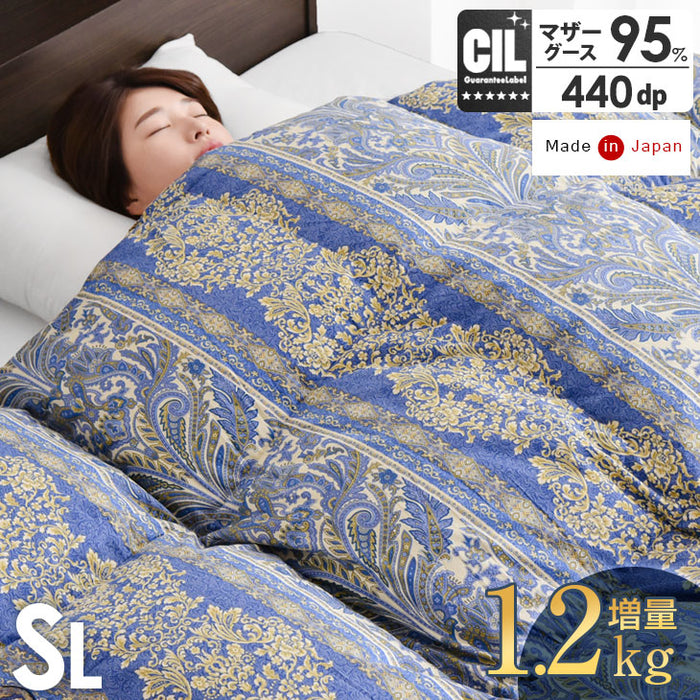 [シングル] 羽毛布団 増量1.2kg ホワイトマザーグースダウン95％ CILブラックラベル 立体キルト 440dp以上 超長綿60サテン 日本製〔39100006〕