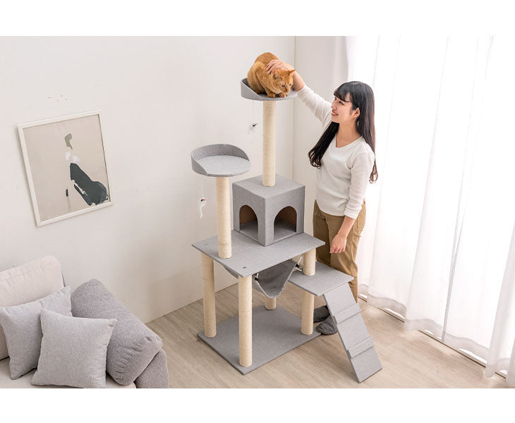 キャットタワー 据え置き型 高さ150cm ファブリック ハンモック 麻紐 猫タワー 猫用品〔40900001〕
