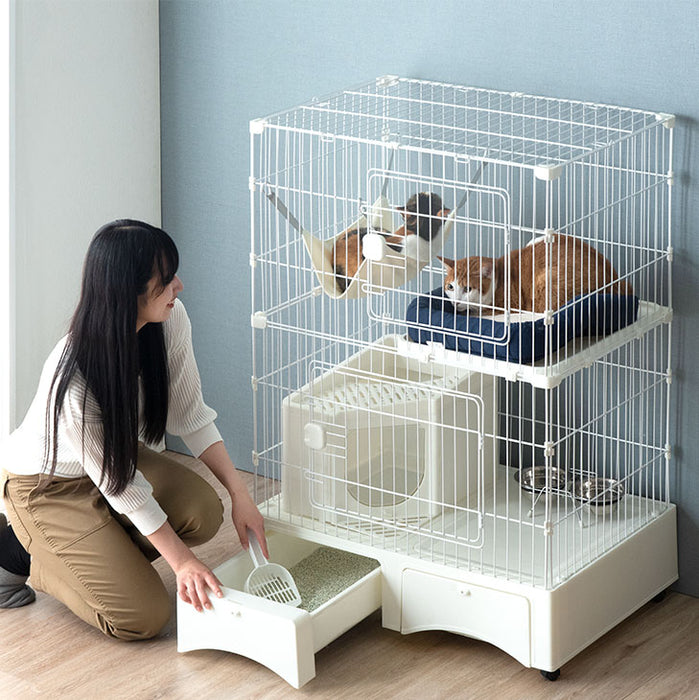 砂が飛ばニャい!? トイレ一体型 キャットケージ 2段 ハンモック スコップ 付き 猫用 大型〔52800016〕