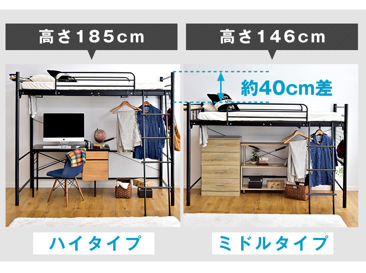 [シングル] 宮棚&2口コンセント付き ロフトベッド ハイタイプ はしご 衣類収納【超大型商品】〔65090049〕