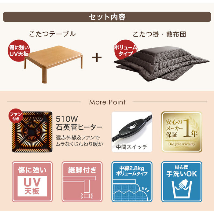 [3点セット] [幅150×奥行80cm] こたつテーブル＋掛け・敷布団 石英管ヒーター 傷に強いUV天板 1年保証【超大型商品】〔68140098〕