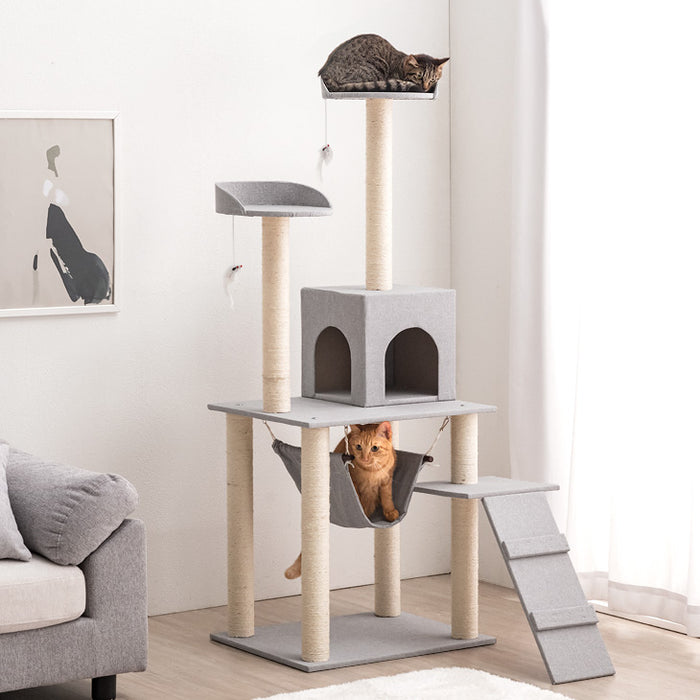 キャットタワー 据え置き型 高さ150cm ファブリック ハンモック 麻紐 猫タワー 猫用品〔40900001〕