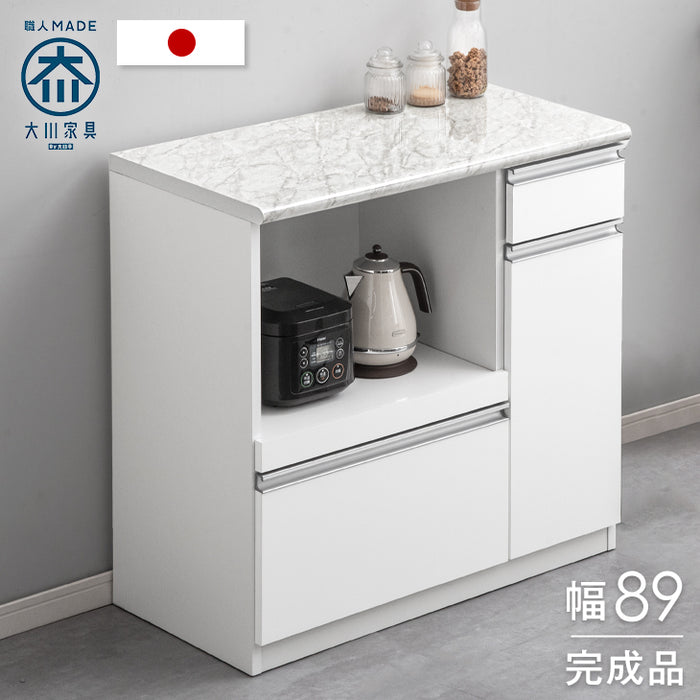 [幅89cm] 大理石調 キッチンカウンター 日本製 大川家具 完成品 食器棚 収納〔83100001〕
